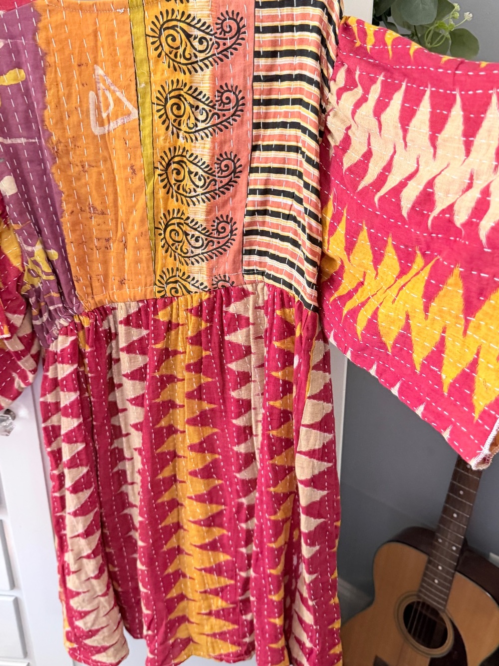 Kantha- Bohemian Drawstring Casual Dress in Pink and Yellow - Picture 4 of 9